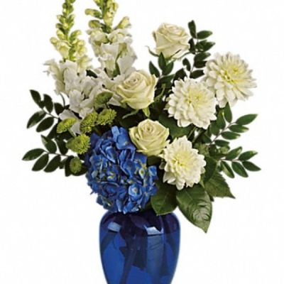 <div class="m-pdp-tabs-description">
<div id="mark-2" class="m-pdp-tabs-marketing-description">Sending this brilliant blue and white bouquet will surely garner oceans of appreciation from whoever receives it.</div>
</div>
<p id="arrngDescp">Dazzling blue hydrangea, green roses and button spray chrysanthemums, divine white dahlias and snapdragons plus huckleberry.</p>

<ul>
 	<li>Our florists hand-design each arrangement, so colors, varieties and containers may vary due to local availability</li>
</ul>
