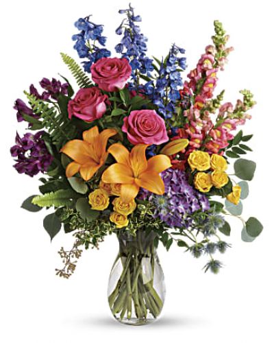 <div id="mark-3" class="m-pdp-tabs-marketing-description">A rainbow of beauty for any occasion. Purple hydrangea, pink roses and orange lilies positively pop in this bright bouquet, featuring all the colors of the rainbow.</div>
&nbsp;
<div id="desc-3">
<ul>
 	<li>This colorful bouquet includes purple hydrangea, pink roses, yellow spray roses, orange asiatic lilies, purple alstroemeria, blue delphinium, pink snapdragons, blue eryngium, huckleberry, oregonia, Israeli ruscus, sword fern, silver dollar eucalyptus, seeded eucalyptus, and lemon leaf.</li>
 	<li>Our florists hand-design each arrangement, so colors, varieties and containers may vary due to local availability</li>
</ul>
</div>