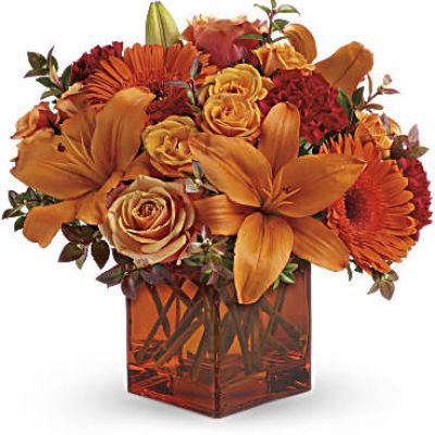 <div id="mark-3" class="m-pdp-tabs-marketing-description">Celebrate the wonder of a new day with warm, golden flowers. A modern orange glass vase is the foundation of this stunning, sun-bright bouquet that energizes any occasion</div>
<ul>
 	<li>Orange gerbera daisies, orange roses and red mini carnations are accented with a spray of red huckleberry in a cube vase</li>
 	<li>Our florists hand-design each arrangement, so colors, varieties and containers may vary due to local availability</li>
</ul>
<div id="desc-3"></div>
 

 

 