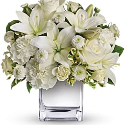 This exquisite all-white bouquet in a dazzling mirrored silver cube may be petite, but it will make a huge impression.
So much beauty for such a merrily modest price tag.
The lovely bouquet includes white roses, white spray roses, white Asiatic lilies, white carnations and white button spray chrysanthemums accented with assorted greenery.
<ul>
 	<li>Our florists hand-design each arrangement, so colors, varieties and containers may vary due to local availability</li>
</ul>