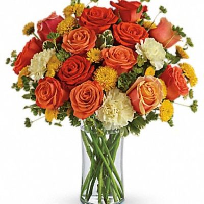 <div class="m-pdp-tabs-description">
<div id="mark-3" class="m-pdp-tabs-marketing-description">Like freshly squeezed lemonade on a hot sunny day, this bright and cheerful bouquet is a summer sensation.</div>
</div>
Dark orange, coral and orange roses, light yellow carnations, yellow button spray chrysanthemums and greens fill a slender gathering vase. It's a kiss of summer!
<ul>
 	<li>Our florists hand-design each arrangement, so colors, varieties and containers may vary due to local availability</li>
</ul>