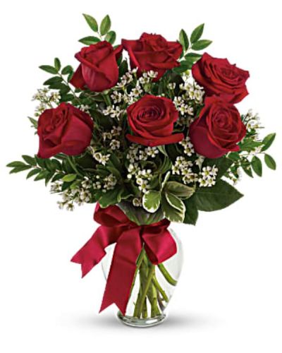 <div id="mark-2" class="m-pdp-tabs-marketing-description">Somebody's gonna get a beautiful surprise. Imagine her smile when this lovely bouquet of roses arrives at her door - for no special reason at all. Except that you love her. You are going to be such a hero.</div>
<div id="desc-2">
<ul>
 	<li>This charming bouquet includes red roses accented with white waxflower, huckleberry and pittosporum along with a red satin ribbon.</li>
 	<li>Delivered in a clear glass vase</li>
 	<li>Standard includes 3 glorious red roses, deluxe has 6 wonderful blooms while premium features an exquisite 9 roses.</li>
 	<li>Our florists hand-design each arrangement, so colors, varieties and containers may vary due to local availability</li>
</ul>
</div>
