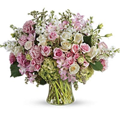 <div id="mark-3" class="m-pdp-tabs-marketing-description">A truly bountiful bouquet that captures the beauty of your love, this grand display of pink and white roses is sure to make their heart soar!</div>
 
<div id="desc-3">
<ul>
 	<li>This breathtaking bouquet features green hydrangea, pink roses, white roses, pink spray roses, light pink alstroemeria, pink lisianthus, white stock, pitta negra, and seeded eucalyptus.</li>
 	<li>Our florists hand-design each arrangement, so colors, varieties and containers may vary due to local availability</li>
</ul>
</div>