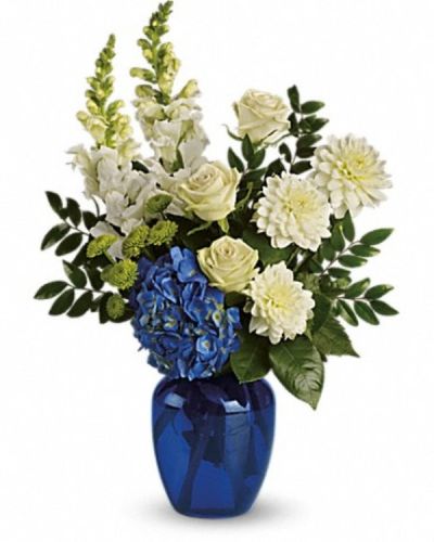 <div class="m-pdp-tabs-description">
<div id="mark-2" class="m-pdp-tabs-marketing-description">Sending this brilliant blue and white bouquet will surely garner oceans of appreciation from whoever receives it.</div>
</div>
<p id="arrngDescp">Dazzling blue hydrangea, green roses and button spray chrysanthemums, divine white dahlias and snapdragons plus huckleberry.</p>

<ul>
 	<li>Our florists hand-design each arrangement, so colors, varieties and containers may vary due to local availability</li>
</ul>