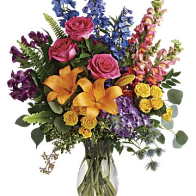 <div id="mark-3" class="m-pdp-tabs-marketing-description">A rainbow of beauty for any occasion. Purple hydrangea, pink roses and orange lilies positively pop in this bright bouquet, featuring all the colors of the rainbow.</div>
 
<div id="desc-3">
<ul>
 	<li>This colorful bouquet includes purple hydrangea, pink roses, yellow spray roses, orange asiatic lilies, purple alstroemeria, blue delphinium, pink snapdragons, blue eryngium, huckleberry, oregonia, Israeli ruscus, sword fern, silver dollar eucalyptus, seeded eucalyptus, and lemon leaf.</li>
 	<li>Our florists hand-design each arrangement, so colors, varieties and containers may vary due to local availability</li>
</ul>
</div>