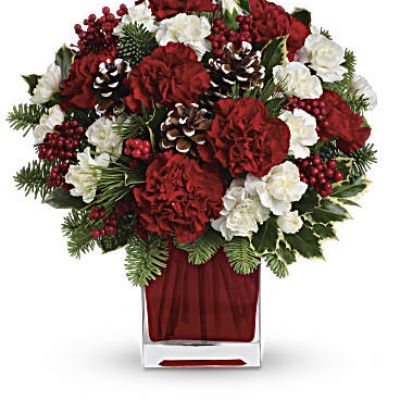 Make them merry with this sweet bouquet! Red carnations and white carnations are beautifully presented in our bright red glass cube.
<ul>
 	<li>Red carnations and white miniature carnations are accented with tips of noble fir, white pine, holly and assorted greens.</li>
 	<li>Our florists hand-design each arrangement, so colors, varieties and containers may vary due to local availability</li>
</ul>