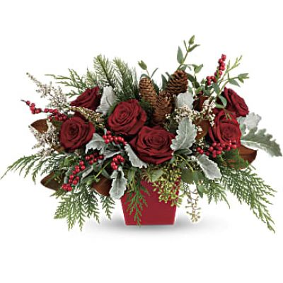Deck the halls, and table, with this artisanal mix of winter greens, berries and roses.
<ul>
 	<li>Our florists hand-design each arrangement, so colors, varieties and containers may vary due to local availability</li>
</ul>