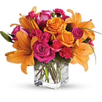 <div id="mark-3" class="m-pdp-tabs-marketing-description">Tres chic! Send that special someone a stylish sentiment with the bright colors of this modern arrangement. Summery hot pinks and oranges are contrasted by the cool clarity of a simple cube vase. An eye-catching everyday choice!</div>
<div id="desc-3">
<ul>
 	<li>Orange asiatic lilies, hot pink and light orange roses, miniature red carnations and a bit of understated greenery.</li>
 	<li>Our florists hand-design each arrangement, so colors, varieties and containers may vary due to local availability</li>
</ul>
</div>