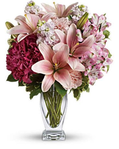 <div class="m-pdp-tabs-description">
<div id="mark-1" class="m-pdp-tabs-marketing-description">Celebrate your love with this beautifully blushing bouquet! Luxurious lilies, delicate hydrangea and fragrant stock delight her senses, soothe her soul, and tickle their fancy. It's a loving gift they won't soon forget!</div>
</div>
Includes pink hydrangea, asiatic lilies, alstroemeria, carnations and stock, accented with fresh greens.
<ul>
 	<li>Our florists hand-design each arrangement, so colors, varieties and container may vary due to local availability</li>
</ul>
