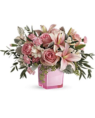 Just fabulous! From its perky pink cube and perfect pink roses, to its textural greens and dramatic pink lilies, this chic bouquet is flora at its finest!
This gorgeous bouquet features pink roses, pink asiatic lilies, white alstroemeria, pink miniature carnations, dusty miller, parvifolia eucalyptus, and seeded eucalyptus.
<ul>
 	<li>Our florists hand-design each arrangement, so colors, varieties and containers may vary due to local availability</li>
</ul>