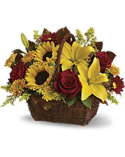 <div id="mark-3" class="m-pdp-tabs-marketing-description">Send warm autumn sunshine to a special friend or relative with this golden gift basket of flowers. Yellow lilies and sunflowers make everyone smile!</div>
<div id="desc-3">
<ul>
 	<li>A dark, handled basket presents bright fall bouquet of yellow asiatic lilies, yellow sunflowers, gold cushion mums, burgundy daisies, yellow solidaster, brown copper beech leaves and rich green salal.</li>
 	<li>Our florists hand-design each arrangement, so colors, varieties and containers may vary due to local availability</li>
</ul>
</div>
