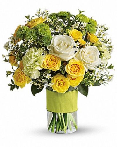 <div class="m-pdp-tabs-description">
<div id="mark-1" class="m-pdp-tabs-marketing-description">You could call or email that special someone, but why not put your feelings into flowers? They'll love this elegant array of white and yellow roses and other favorites in a stylish cylinder vase. They'll want to thank you in person.</div>
</div>
This charming bouquet includes white roses, yellow spray roses, green carnations, green button spray chrysanthemums and white waxflower accented with assorted greenery.
<ul>
 	<li>Our florists hand-design each arrangement, so colors, varieties and container may vary due to local availability</li>
</ul>