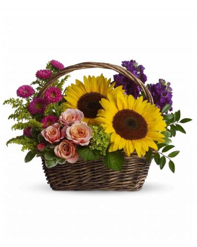 Send this colorful gift basket of flowers to your favorite garden lover or flower-loving grandmother. Like a miniature summer garden, the fresh cut flowers will brighten her kitchen counter, bedside table, coffee table...any of her favorite places!

Large yellow sunflowers, peach roses, purple stock, miniature green hydrangea, and hot pink matsumoto asters are presented in a rectangular handled basket.
Greens include solidago, huckleberry and variegated pittosporum.
<ul>
 	<li>Our florists hand-design each arrangement, so colors, varieties and containers may vary due to local availability</li>
</ul>