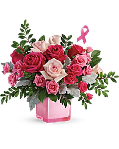 Pink is power! This beautiful, lush bouquet features roses in every shade of pink and is hand-arranged in a glass cube. Send this bouquet as a thoughtful gift and also give a gift for others!
The incredible bouquet includes pink roses and spray roses accented with assorted greenery.
<ul>
 	<li>Our florists hand-design each arrangement, so colors, varieties and containers may vary due to local availability</li>
</ul>