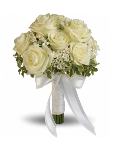 Delicate white bouvardia and pittosporum lend a lacy look to this breathtaking bouquet of white roses wrapped with sheer organza ribbon.
<ul>
 	<li>Our florists hand-design each arrangement, so colors, varieties and containers may vary due to local availability</li>
</ul>