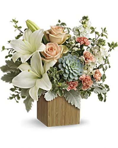 <div id="mark-3" class="m-pdp-tabs-marketing-description">Reminiscent of a desert sunrise, this modern mix of peach blooms, white lilies and succulent is a super chic statement.</div>
Peach roses, white asiatic lilies, peach miniature carnations, and white stock are accented with pitta negra, dusty miller, and a succulent.
<ul>
 	<li>Our florists hand-design each arrangement, so colors, varieties and containers may vary due to local availability</li>
</ul>