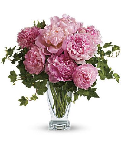 *Must special order in advance for peonies. Not available for same day delivery.  Availability determined by season and time to special order. Please call 706-253-1158 for more information.
Peony perfection! Everyone loves the lush, cloud-like appearance of fresh cut peonies. The romantic, feminine bloom is a popular summer wedding flower. In fact, many brides select their June or July wedding dates based on the cut peony flower season! This simple bouquet is a beautiful pick for any pink-lover. Also, a luxurious wedding centerpiece!
Freshly cut pink peonies and classic greenery are gathered elegantly into a glass vase
Our florists hand-design each arrangement, so colors, varieties and containers may vary due to local availability