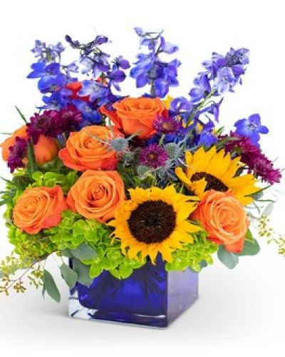 Celebrate them and remind them how very special they are will will forever be with the Where the Horizon Meets the Sky Bouquet. This arrangement is pure joy delivered featuring delphinium, hydrangeas, and roses.
<ul>
 	<li>Our florists hand-design each arrangement, so colors, varieties and containers may vary due to local availability</li>
</ul>