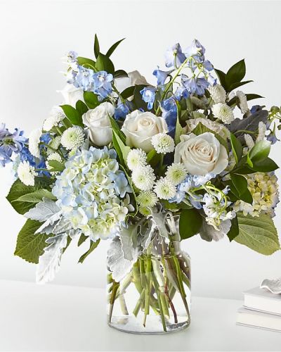 Let this uplifting arrangement be reminders of the clear skies ahead. Capturing the feeling of hope that a new day brings, this bouquet is composed of voluminous hydrangea blooms and vibrant belladonna delphinium to refresh their mood.
<ul>
 	<li>Our florists hand-design each arrangement, so colors, varieties and container may vary due to local availability</li>
 	<li></li>
</ul>