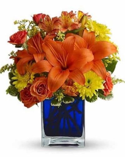 <div id="mark-3" class="m-pdp-tabs-marketing-description">Flower power rises several degrees in this brilliant array of hot summer flowers in a cool blue contemporary glass cube vase. Send this gift of indoor sunshine to someone close to you.</div>
<div id="desc-3">

The radiant bouquet includes orange Asiatic lilies, orange alstroemeria, yellow cushion spray chrysanthemums, solidago and orange spray roses accented with assorted greenery.
<ul>
 	<li>Our florists hand-design each arrangement, so colors, varieties and containers may vary due to local availability</li>
</ul>
</div>