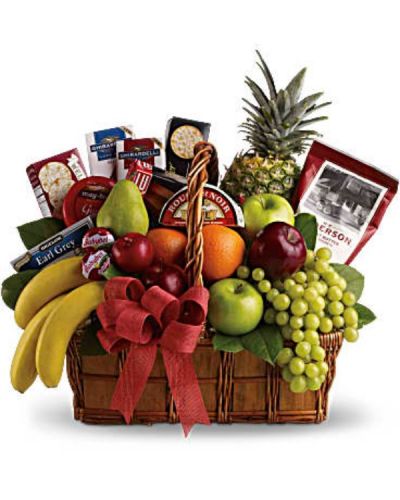 Wow them with this beautiful arrangement of fresh fruits, gourmet cheeses and crackers.

With so much to choose from, this is the perfect gift to send to a family or to the team at the office.

Whether you’re congratulating them for a job well done, thanking them for their efforts, or sending your deepest sympathy, this basket will be well received, no matter the occasion.
<ul>
 	<li>Our florists hand-design each arrangement, so colors, varieties and container may vary due to local availability</li>
</ul>