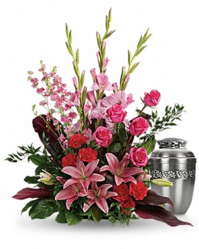 <div class="m-pdp-tabs-description">
<div id="mark-1" class="m-pdp-tabs-marketing-description">Share your heartfelt feelings on the loss of someone special with this feminine arrangement of pink roses, lilies and gladioli. It's a rich reminder of your love at the memorial service.</div>
</div>
<p id="arrngDescp">This feminine arrangement features hot pink roses, pink asiatic lilies, pink gladioli, hot pink carnations, pink larkspur, red ti leaves, Italian ruscus and lemon leaf.</p>
Arrangement does not include urn.
<ul>
 	<li>Our florists hand-design each arrangement, so colors, varieties and container may vary due to local availability</li>
</ul>