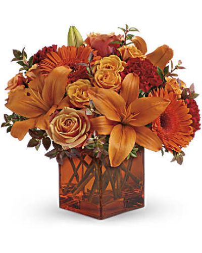 <div id="mark-3" class="m-pdp-tabs-marketing-description">Celebrate the wonder of a new day with warm, golden flowers. A modern orange glass vase is the foundation of this stunning, sun-bright bouquet that energizes any occasion</div>
<ul>
 	<li>Orange gerbera daisies, orange roses and red mini carnations are accented with a spray of red huckleberry in a cube vase</li>
 	<li>Our florists hand-design each arrangement, so colors, varieties and containers may vary due to local availability</li>
</ul>
<div id="desc-3"></div>
&nbsp;

&nbsp;

&nbsp;