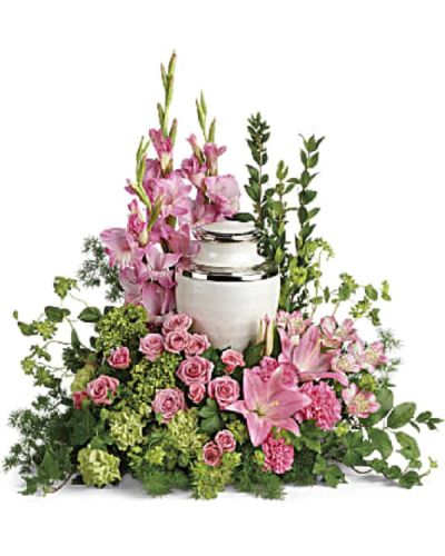 <div class="m-pdp-tabs-description">
<div id="mark-1" class="m-pdp-tabs-marketing-description">Surround the cremation urn with gorgeous, graceful pink blooms that show deep gratitude for a beautiful life.</div>
</div>
<p id="arrngDescp">This pretty arrangement includes miniature green hydrangea, pink spray roses, pink asiatic lilies, pink alstroemeria, pink gladioli, pink carnations, green carnations, bupleurum, green ivy, myrtle, ming fern, and lemon leaf.</p>
Arrangement does not include urn.
<ul>
 	<li>Our florists hand-design each arrangement, so colors, varieties and containers may vary due to local availability</li>
</ul>