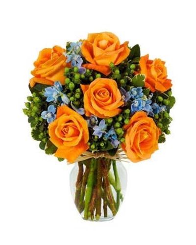 There is no better way to send a bit of cheer than this cheerfully beautiful arrangement. Orange roses are the focal point of this happy design accented by light blue delphinium and green hypericum displayed in a clear fluted vase.
<ul>
 	<li>Our florists hand-design each arrangement, so colors, varieties and containers may vary due to local availability</li>
</ul>