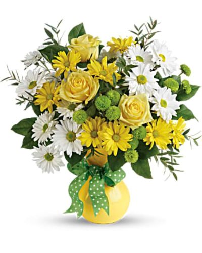<div id="mark-1" class="m-pdp-tabs-marketing-description">Pure joy! Brighten any occasion with this sunny mix of golden and white daisies in a cheerful yellow vase. A spotty dotty bow adds a dash of fun!</div>
<div id="desc-1">
<ul>
 	<li>This happy bouquet includes white and yellow daisy spray chrysanthemums, green button spray chrysanthemums, lemon leaf, and parvifolia eucalyptus.</li>
 	<li>Our florists hand-design each arrangement, so colors, varieties and containers may vary due to local availability</li>
</ul>
</div>