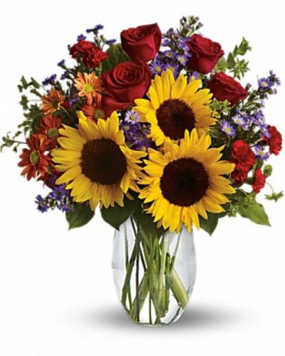 <div class="m-pdp-tabs-description">
<div id="mark-1" class="m-pdp-tabs-marketing-description">

<hr />

Pure happiness is what this pretty bouquet delivers - whether you're sending it for a fall birthday, Thanksgiving, thank you, or simply just because. Surely, no one can be in the presence of something so inherently happy and not smile.

</div>
</div>
Sunny sunflowers, red roses and miniature carnations, bronze daisy spray chrysanthemums, large lavender monte cassino asters and autumn greens are beautifully arranged in a clear glass vase.
<ul>
 	<li>Our florists hand-design each arrangement, so colors, varieties and containers may vary due to local availability</li>
</ul>