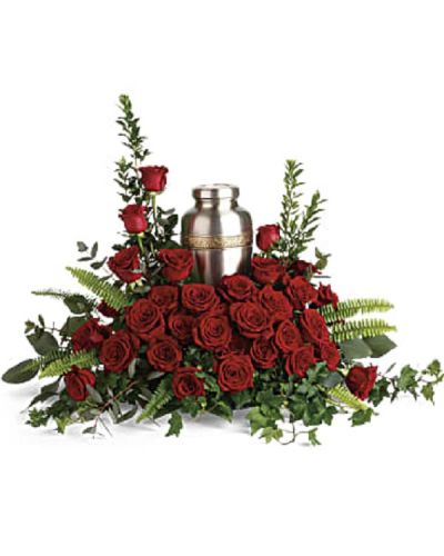 <div class="m-pdp-tabs-description">
<div id="mark-1" class="m-pdp-tabs-marketing-description">Elegant red roses and delicate greenery are a breathtaking way to display and honor the cremation urn.</div>
</div>
Red roses are arranged with myrtle, green ivy, sword fern, silver dollar eucalyptus, and lemon leaf. Arrangement does not include urn.
<ul>
 	<li>Our florists hand-design each arrangement, so colors, varieties and containers may vary due to local availability</li>
</ul>