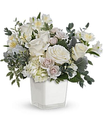 &nbsp;
<div id="mark-3" class="m-pdp-tabs-marketing-description">As serene as soft white clouds floating in a crisp blue sky, this elegant white rose bouquet in a simple glass cube brings peace and beauty to any occasion.</div>
&nbsp;
<div id="desc-3">

This peaceful arrangement includes white hydrangea, white roses, white spray roses, white alstroemeria, dusty miller, white limonium, parvifolia eucalyptus and pitta Negra.
<ul>
 	<li>Our florists hand-design each arrangement, so colors, varieties and container may vary due to local availability</li>
</ul>
&nbsp;

</div>