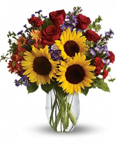 <div class="m-pdp-tabs-description">
<div id="mark-1" class="m-pdp-tabs-marketing-description">

<hr />

Pure happiness is what this pretty bouquet delivers - whether you're sending it for a fall birthday, Thanksgiving, thank you, or simply just because. Surely, no one can be in the presence of something so inherently happy and not smile.

</div>
</div>
Sunny sunflowers, red roses and miniature carnations, bronze daisy spray chrysanthemums, large lavender monte cassino asters and autumn greens are beautifully arranged in a clear glass vase.
<ul>
 	<li>Our florists hand-design each arrangement, so colors, varieties and containers may vary due to local availability</li>
</ul>