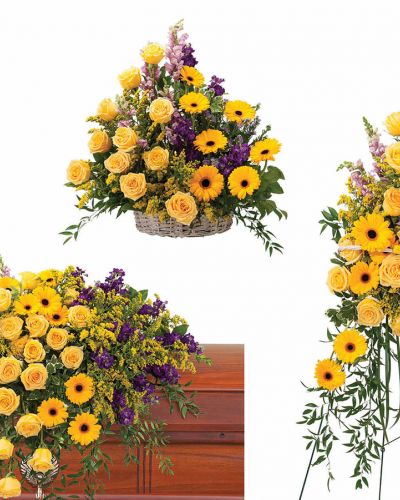 <span data-sheets-value="{"1":2,"2":"Casket spray, standing spray and basket in bright vivid colors."}" data-sheets-userformat="{"2":4609,"3":{"1":0},"12":0,"15":"Arial"}">Casket spray, standing spray and basket in bright vivid colors.</span>
<ul>
 	<li>Our florists hand-design each arrangement, so colors, varieties and containers may vary due to local availability</li>
</ul>