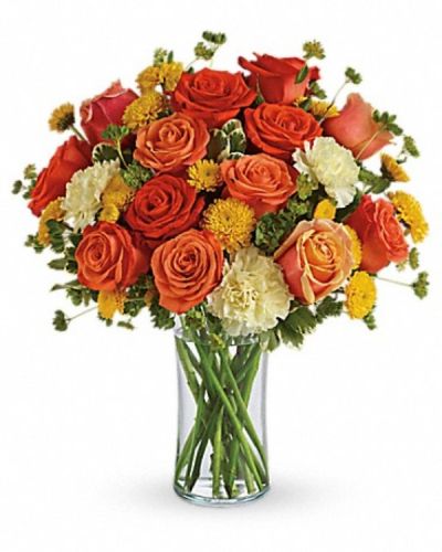 <div class="m-pdp-tabs-description">
<div id="mark-3" class="m-pdp-tabs-marketing-description">Like freshly squeezed lemonade on a hot sunny day, this bright and cheerful bouquet is a summer sensation.</div>
</div>
Dark orange, coral and orange roses, light yellow carnations, yellow button spray chrysanthemums and greens fill a slender gathering vase. It's a kiss of summer!
<ul>
 	<li>Our florists hand-design each arrangement, so colors, varieties and containers may vary due to local availability</li>
</ul>
