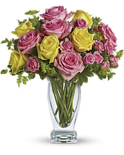 <div id="mark-3" class="m-pdp-tabs-marketing-description">Pink lemonade, anyone? This stunning bouquet of pink and yellow roses adds an instant smile to anyone's face.</div>
<div id="desc-3">
<ul>
 	<li>Elegant pink and yellow roses are contrasted with green bupleurum and variegated pittosporum.</li>
 	<li>Our florists hand-design each arrangement, so colors, varieties and containers may vary due to local availability</li>
</ul>
</div>