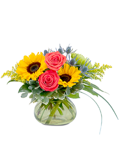 Send sunlit splendor with bright but warm colors of sunflowers, roses and assorted accent flowers.
<ul>
 	<li>Our florists hand-design each arrangement, so colors, varieties and containers may vary due to local availability</li>
</ul>