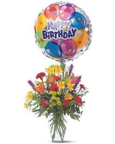 Take their birthday to brand new heights with this colorful arrangement of flowers and a high-flying birthday balloon.
Alstroemeria, carnations, chrysanthemums and lilies are delivered in a clear glass vase with attached foil balloon.
<ul>
<li>Our florists hand-design each arrangement, so colors, varieties and containers may vary due to local availability</li>
</ul>