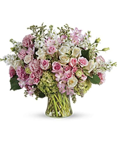 <div id="mark-3" class="m-pdp-tabs-marketing-description">A truly bountiful bouquet that captures the beauty of your love, this grand display of pink and white roses is sure to make their heart soar!</div>
&nbsp;
<div id="desc-3">
<ul>
 	<li>This breathtaking bouquet features green hydrangea, pink roses, white roses, pink spray roses, light pink alstroemeria, pink lisianthus, white stock, pitta negra, and seeded eucalyptus.</li>
 	<li>Our florists hand-design each arrangement, so colors, varieties and containers may vary due to local availability</li>
</ul>
</div>
