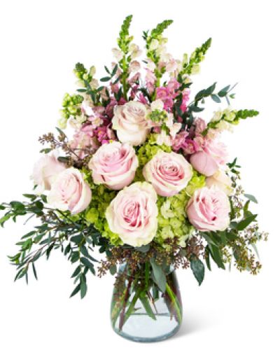The Ethereal Beauty Bouquet is an unparalleled display of taste and elegance. Snapdragons and alstroemeria in pink are surrounded by green hydrangea and flowing greenery. When you want to send a floral gift she'll never forget, send her Ethereal Beauty.
<ul>
 	<li>Our florists hand-design each arrangement, so colors, varieties and containers may vary due to local availability</li>
</ul>