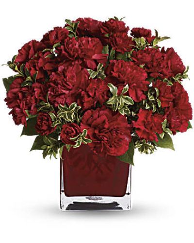 Simply speaking, red means romance. Send this bouquet of vibrant red carnations to your sweetheart and you'll convey passion, energy and desire. Remember also that you're sending not one gift but two: gorgeous flowers and a colorful cube vase.
A mix of red carnations and red miniature carnations is delivered in a glass cube vase.
<ul>
 	<li>Our florists hand-design each arrangement, so colors, varieties and containers may vary due to local availability</li>
</ul>