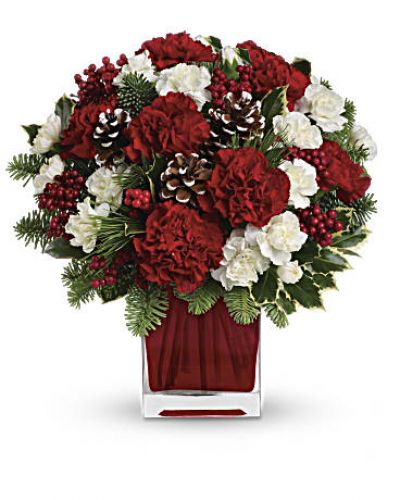 Make them merry with this sweet bouquet! Red carnations and white carnations are beautifully presented in our bright red glass cube.
<ul>
 	<li>Red carnations and white miniature carnations are accented with tips of noble fir, white pine, holly and assorted greens.</li>
 	<li>Our florists hand-design each arrangement, so colors, varieties and containers may vary due to local availability</li>
</ul>