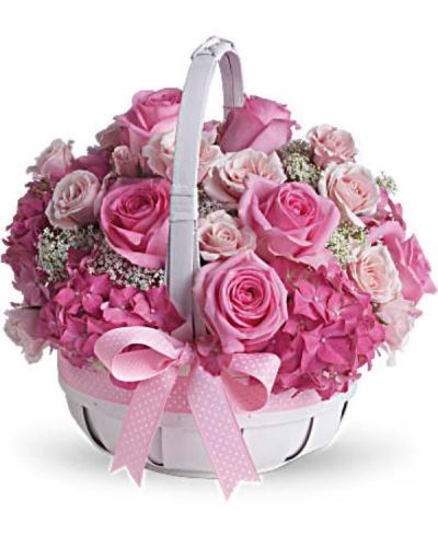<div id="mark-3" class="m-pdp-tabs-marketing-description">This wonderful bunch of flowers is arranged in a cute as a button basket. Guaranteed to delight, send them this great basket for oodles of smiles!</div>
<div id="desc-3">
<ul>
 	<li>Pink roses and hydrangea are interspersed with delicate Queen Anne's lace in a white handled basket.</li>
 	<li>Trimmed with polka-dotted pink grosgrain ribbon.</li>
 	<li>Our florists hand-design each arrangement, so colors, varieties and containers may vary due to local availability</li>
</ul>
</div>
